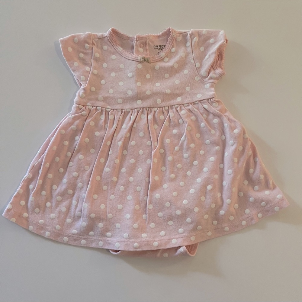 Carter’s Romper Dress with built in onesie 12M 
Pink & White polka dot detail